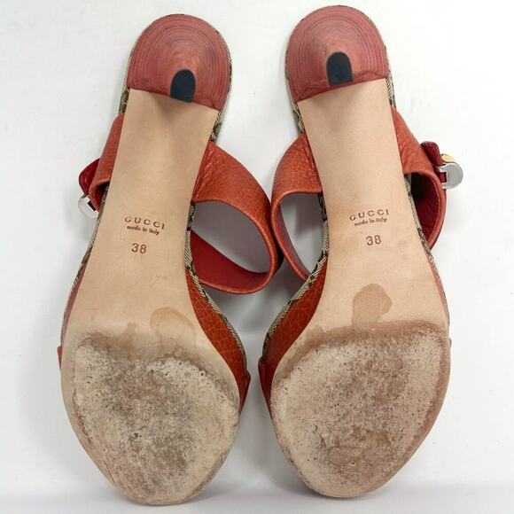 Gucci Logo Canvas Leather Bamboo Buckle Sandals Heels Brown Orange 38 - Picture 9 of 10